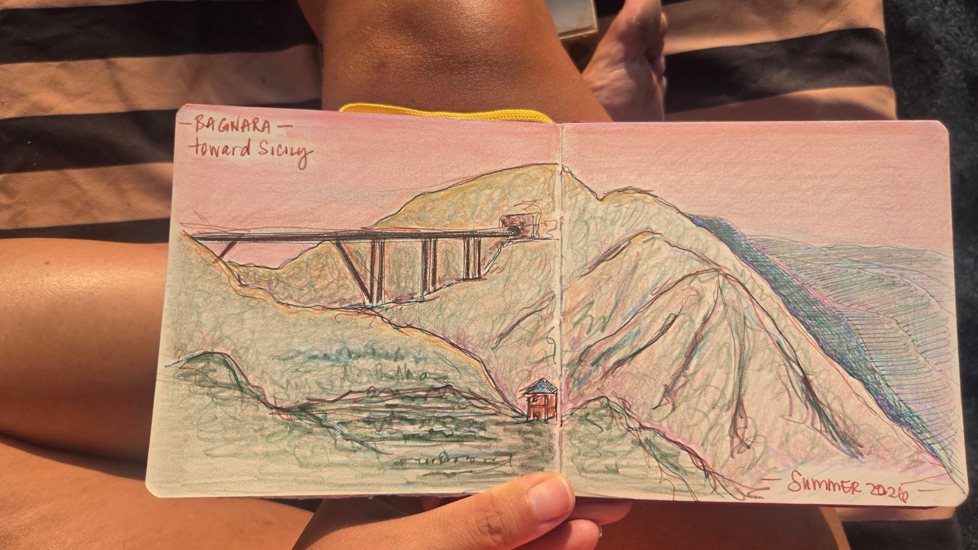 A sketchbook drawing of Bagnara looking toward Sicily