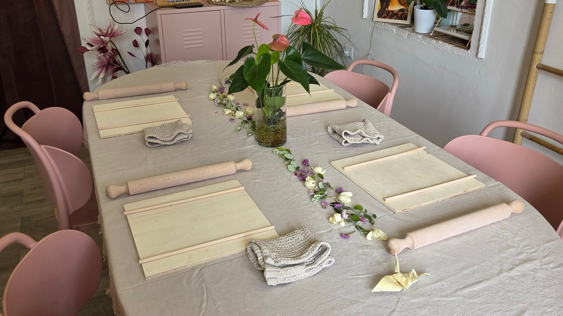 The workshop table set for a clay session
